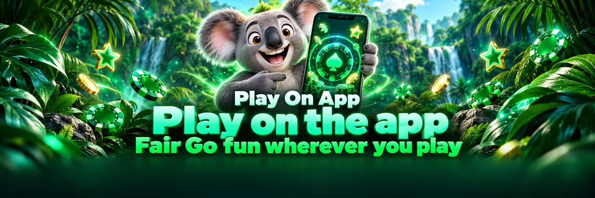 Kev holds a glowing mobile screen between tropical leaves, with casino chips and star badges arranged around the app-focused composition