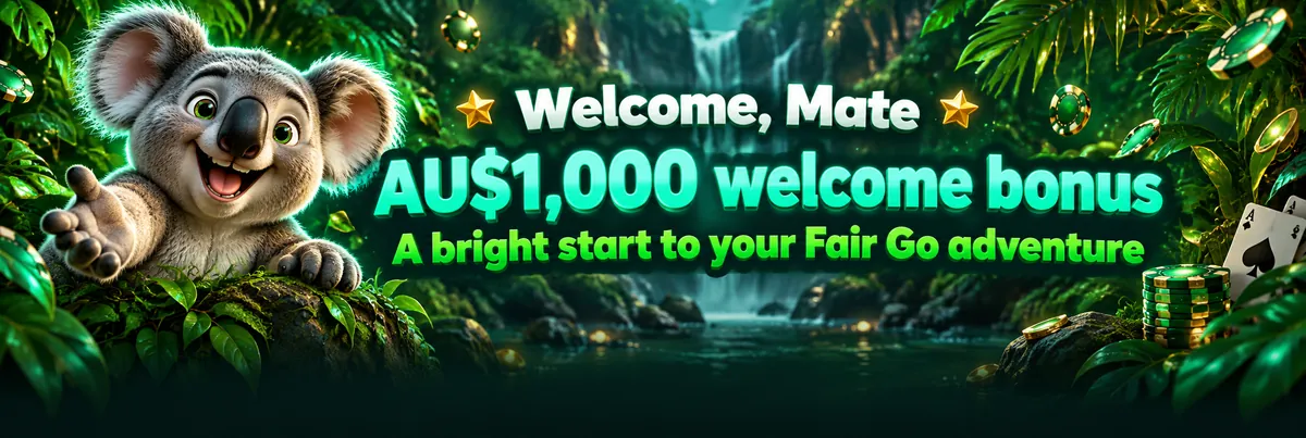 Kev the smiling koala gives a thumbs-up beside glowing casino chips and a bold AU$1,000 welcome bonus badge in a dark tropical jungle