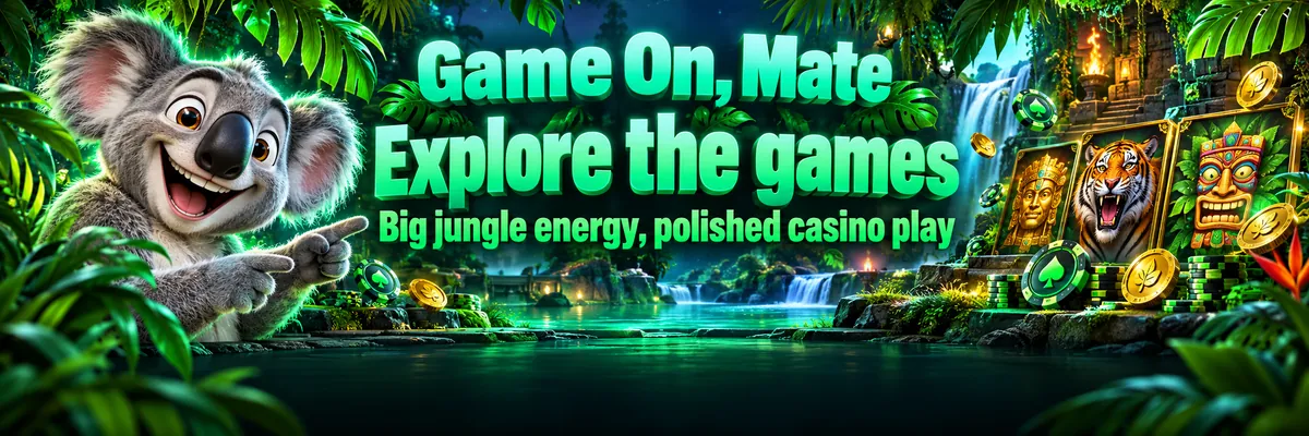 Kev the koala leans over a fan of branded playing tokens and colourful game tiles surrounded by vivid green rainforest leaves